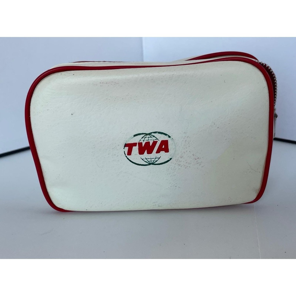 Vintage TWA Trans World Airlines White Vinyl Travel Kit Amenity Bag Red‎ Piping
